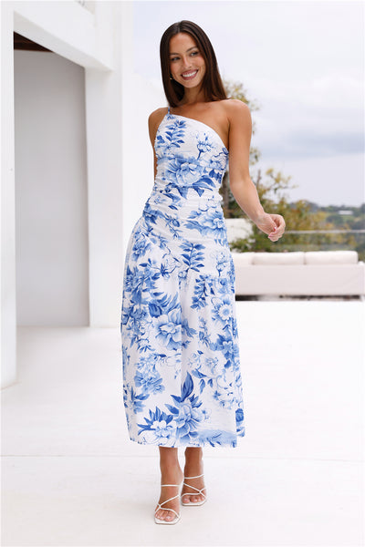 Fleur Enchantée One Shoulder Midi Dress Blue