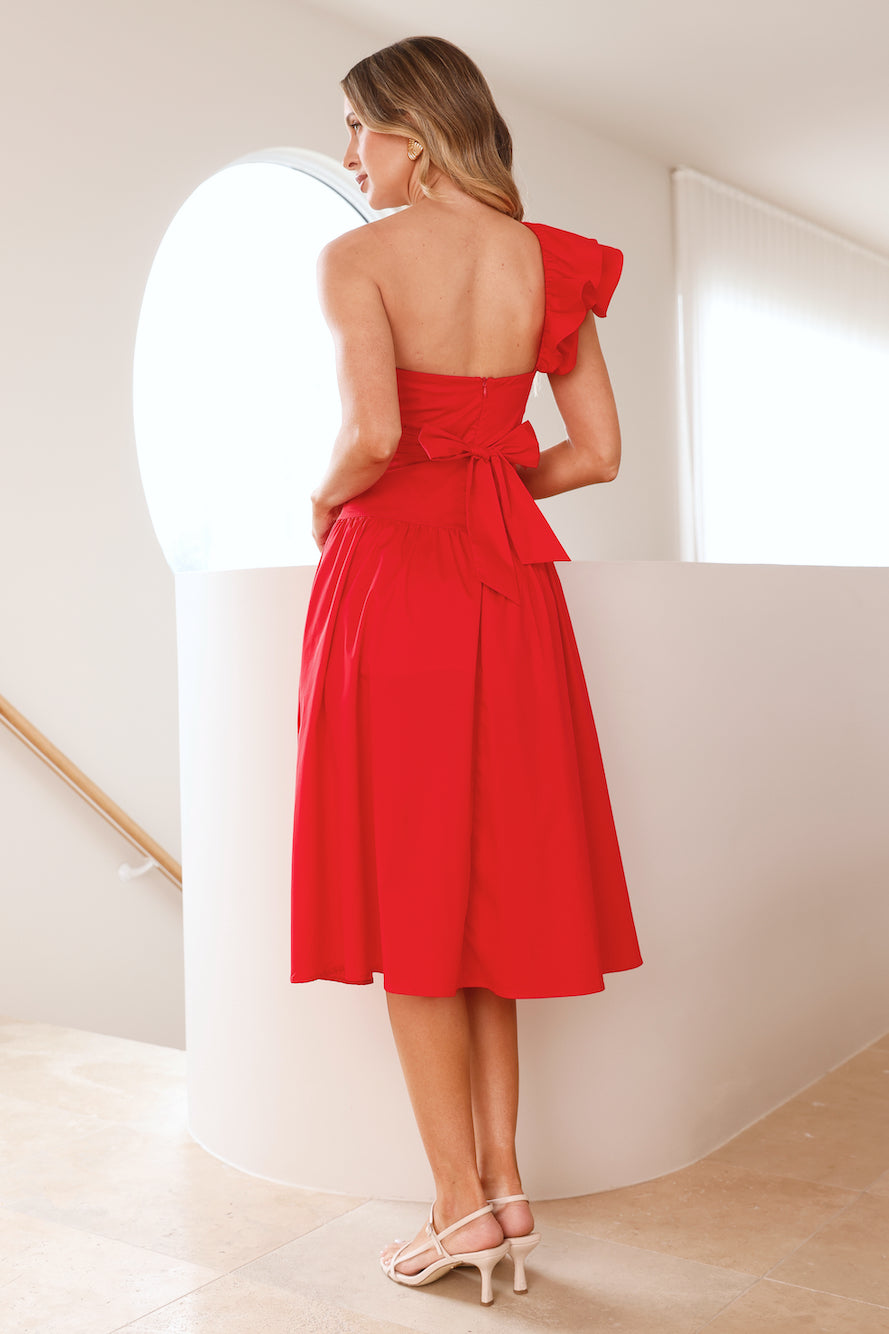Vibrant Rendezvous One Shoulder Midi Dress Red