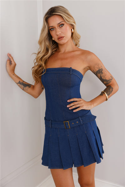 Reckless Fun Strapless Dress Blue Denim