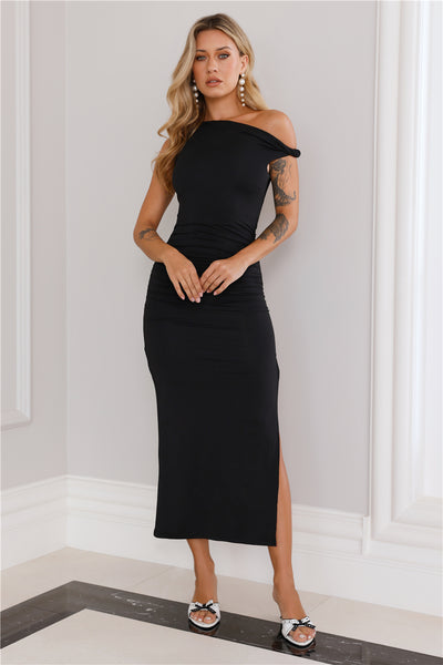 High Society Off Shoulder Midi Dress Black