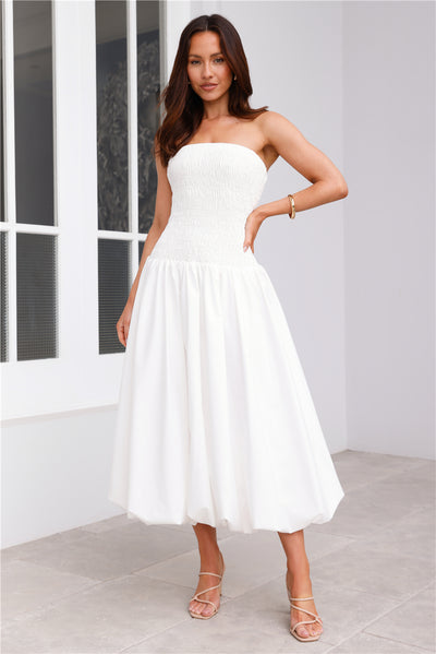 Vacay In The Maldives Strapless Bubble Midi Dress White