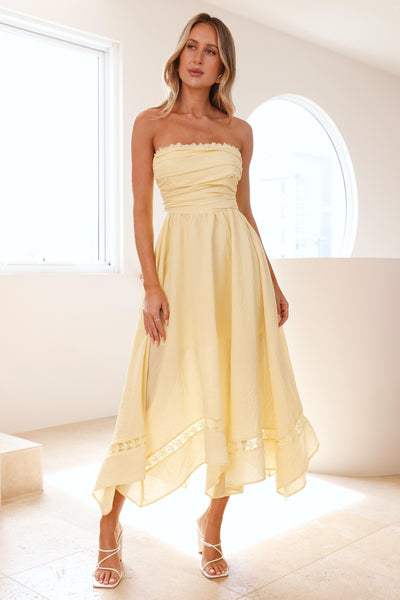 Visit The Moon Strapless Midi Dress Yellow