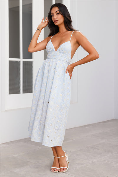 Pastel Paradise Embroidered Midi Dress Blue