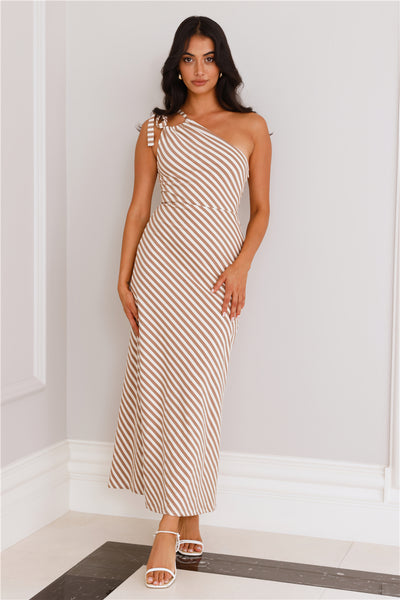 Caramel Swirl One Shoulder Maxi Dress Brown