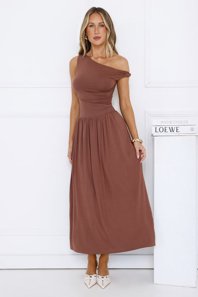 Coastal Daydream Off Shoulder Midi Dress Brown