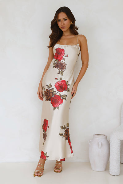 Rose Between Thorns Satin Maxi Dress Beige