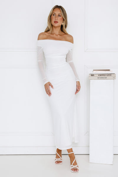 Curve Embrace Off Shoulder Mesh Maxi Dress White