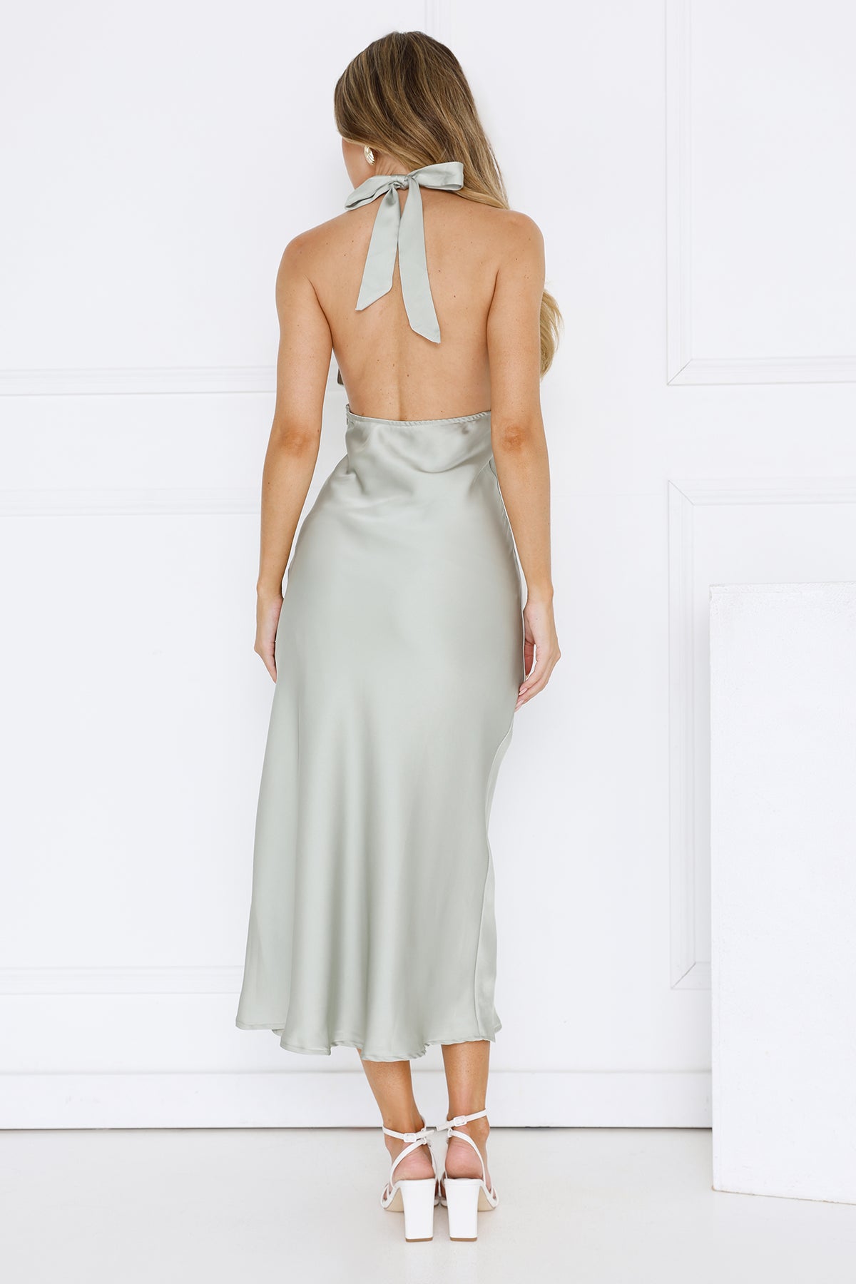 Suki Satin Halter Midi Dress Sage