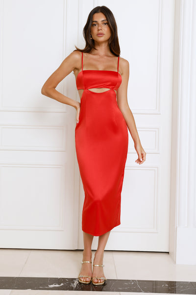 Love Blooms Here Satin Midi Dress Red