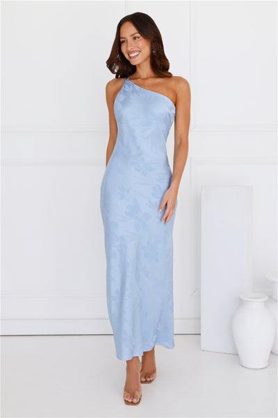 Exotic Bloom One Shoulder Satin Maxi Dress Blue