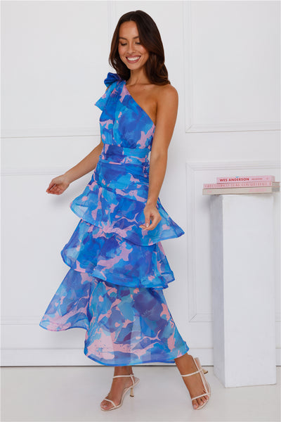 Garden Aura One Shoulder Midi Dress Blue