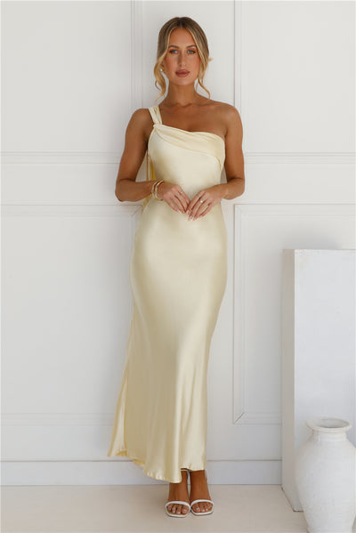 Romantic Tales Satin One Shoulder Maxi Dress Yellow