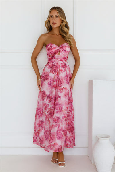 Flower Fields Strapless Maxi Dress Pink