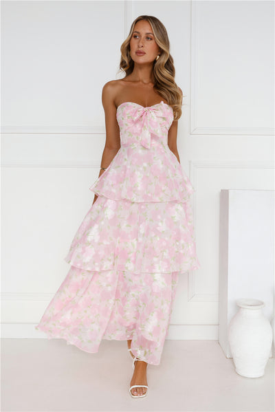 Spring Flower Strapless Maxi Dress Pink