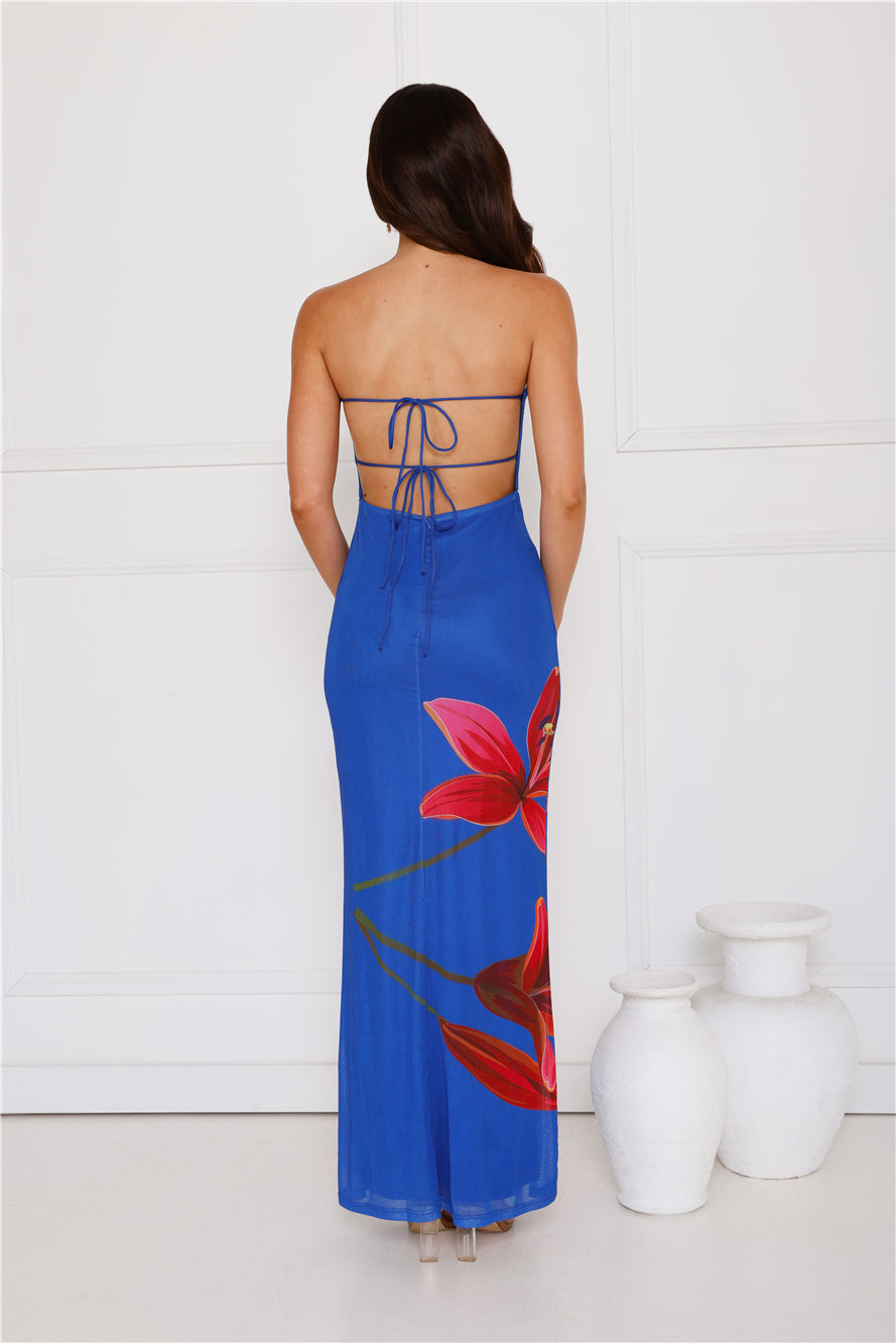 Tropical Lily Strapless Mesh Maxi Dress Blue