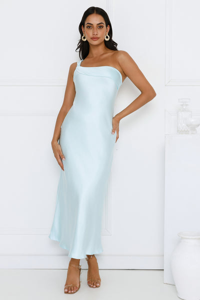 Romantic Tales Satin One Shoulder Maxi Dress Blue