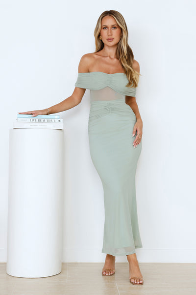 Swan Song Off Shoulder Mesh Maxi Dress Sage