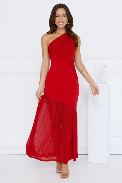 Vibe Style One Shoulder Mesh Maxi Dress Red