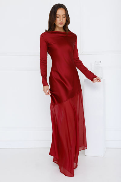 Exquisite Luxury Satin Long Sleeve Maxi Dress Burgundy