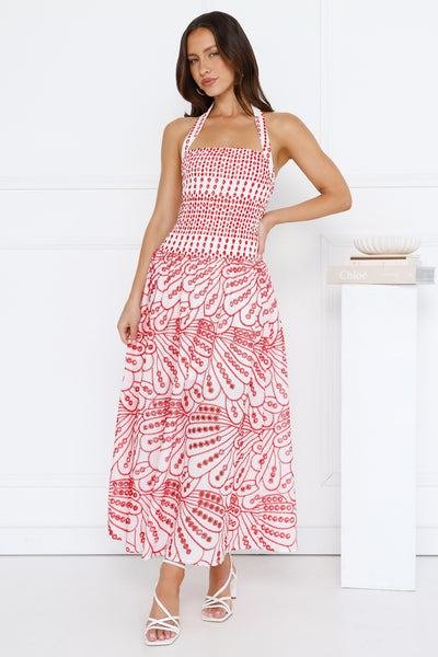 Leona Halter Embroidered Maxi Dress Red