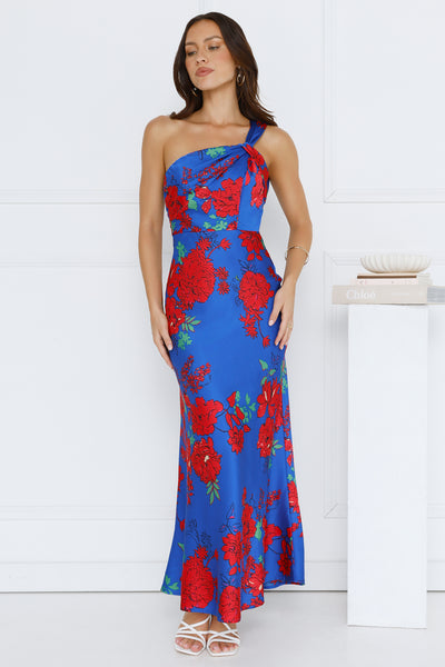 Lady Flower One Shoulder Satin Maxi Dress Blue