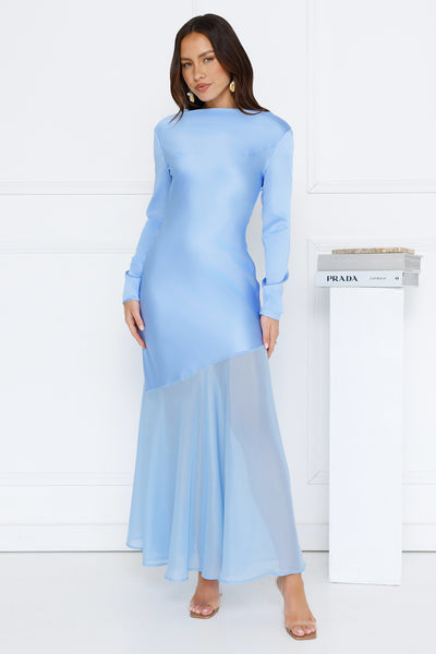 Exquisite Luxury Satin Long Sleeve Maxi Dress Blue