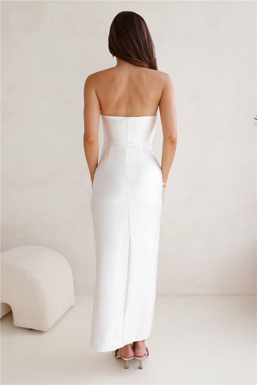 Miss To Mrs Strapless Satin Midi Dress White