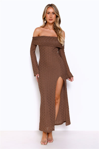 Rich Thoughts Off Shoulder Maxi Dress Chocolate