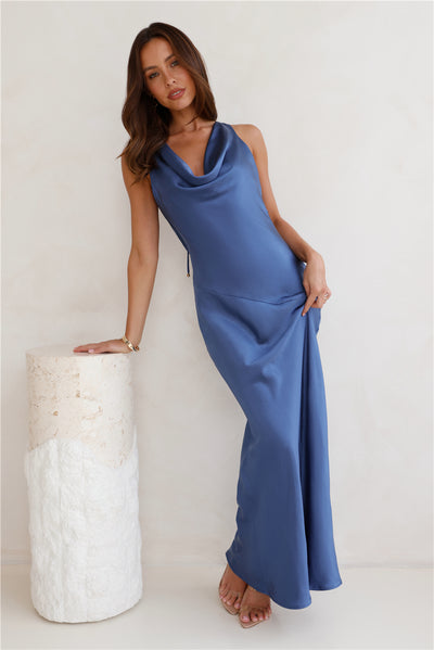 Seen For You Cowl Neck Satin Maxi Dress Navy