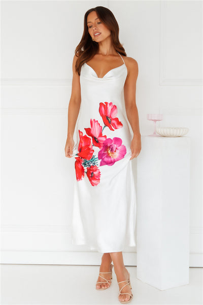 Rebellious Rose Halter Satin Maxi Dress White