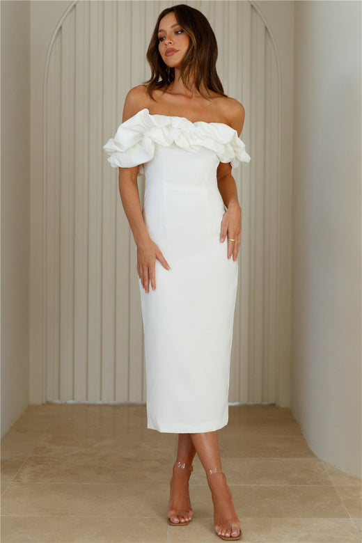 Idolise Off Shoulder Frill Midi Dress White