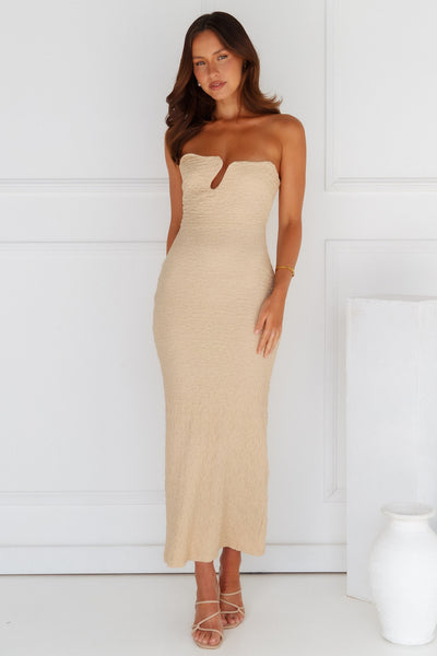 Majestic Heights Strapless Midi Dress Beige