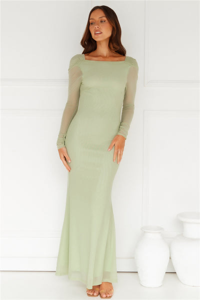 Whimsy Wonder Long Sleeve Mesh Maxi Dress Sage