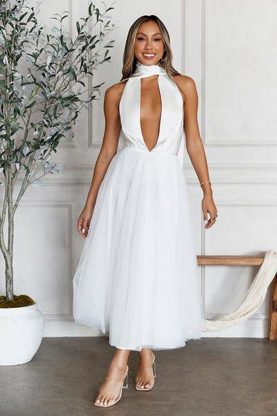 Highest Level Satin Tulle Midi Dress White