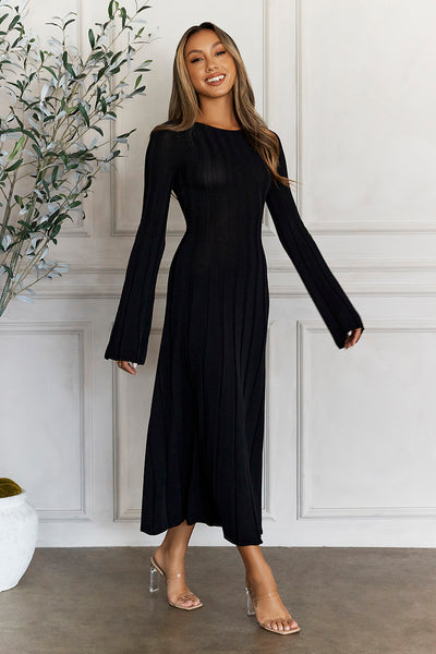 Creating Icons Ribbed Long Sleeve Midi Dress Black