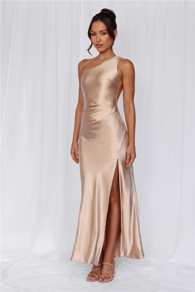 The Aurora One Shoulder Satin Maxi Dress Champagne