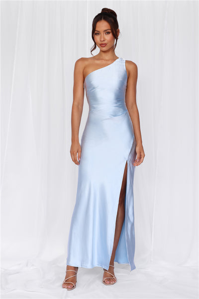 The Aurora One Shoulder Satin Maxi Dress Blue