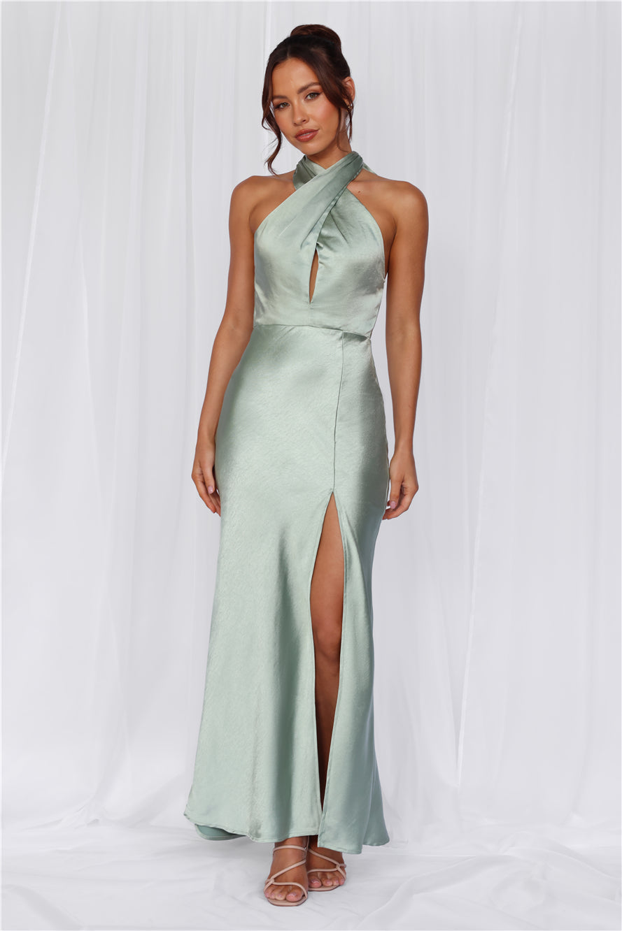 The Adeline Halter Satin Maxi Dress Sage
