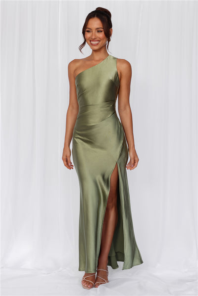 The Aurora One Shoulder Satin Maxi Dress Olive