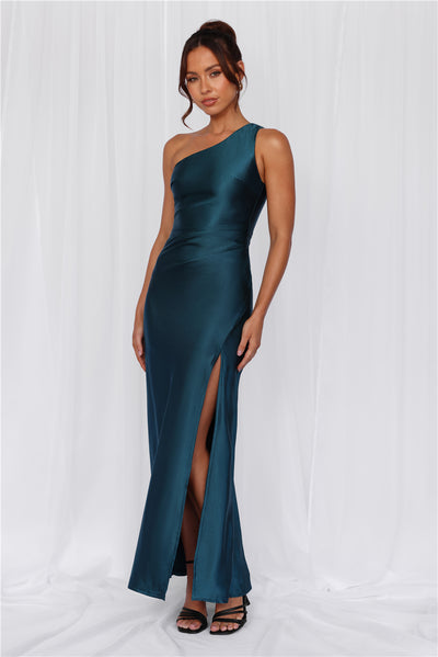 HELLO MOLLY The Aurora One Shoulder Satin Maxi Dress Teal