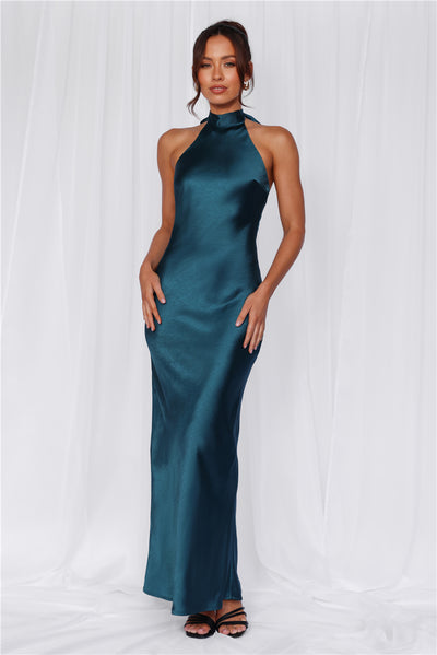 The Cleo Halter Satin Maxi Dress Teal