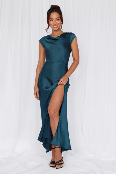 HELLO MOLLY The Valentina Cap Sleeve Satin Maxi Dress Teal