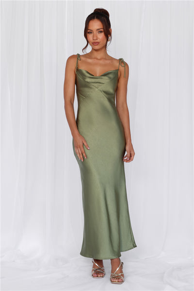 The Penelope Cowl Satin Maxi Dress Olive