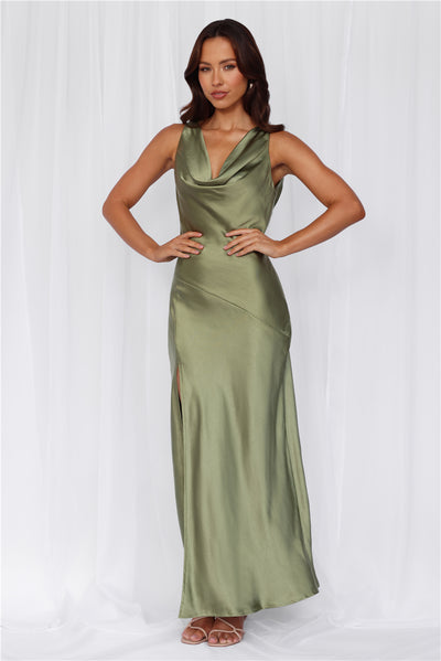 The Loretta Cowl Satin Maxi Dress Olive