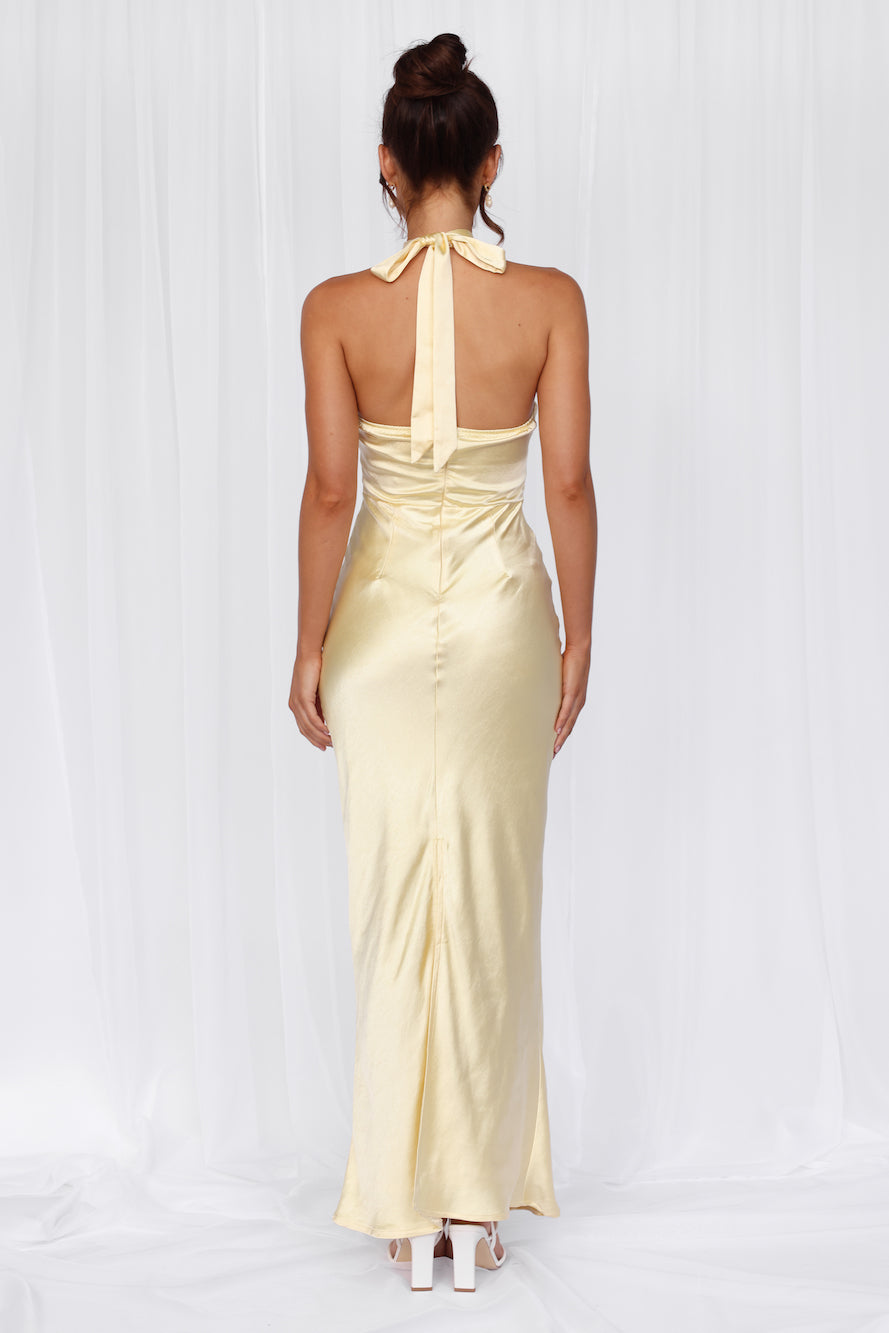 HELLO MOLLY The Cleo Halter Satin Maxi Dress Yellow