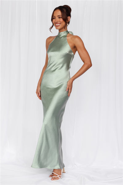 The Cleo Halter Satin Maxi Dress Sage