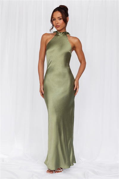 The Cleo Halter Satin Maxi Dress Olive