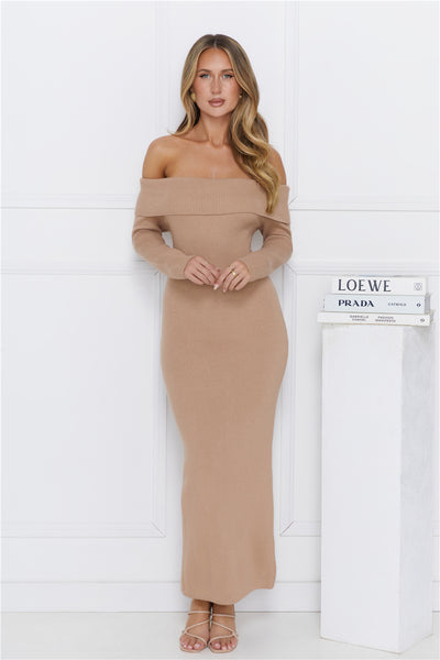 Snow Falling Off Shoulder Long Sleeve Ribbed Maxi Dress Mocha