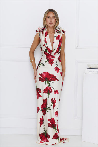 Falling Petals Satin Maxi Dress Ivory