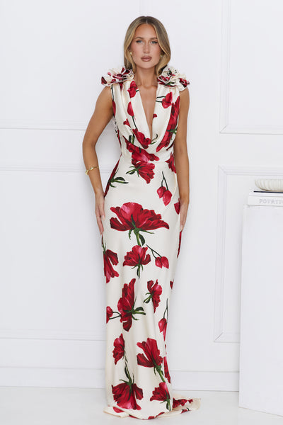 Falling Petals Satin Maxi Dress Ivory